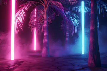 Obraz premium Neon-lit palm trees illuminated by vibrant lights in a misty tropical setting at night