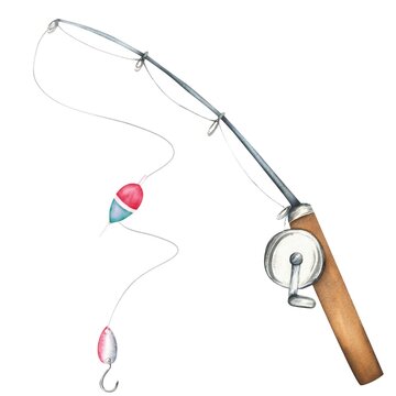 recommend clip art: A rod with fishing line and a bobber. Fishing tackles clipart. Hand-drawn watercolor illustration