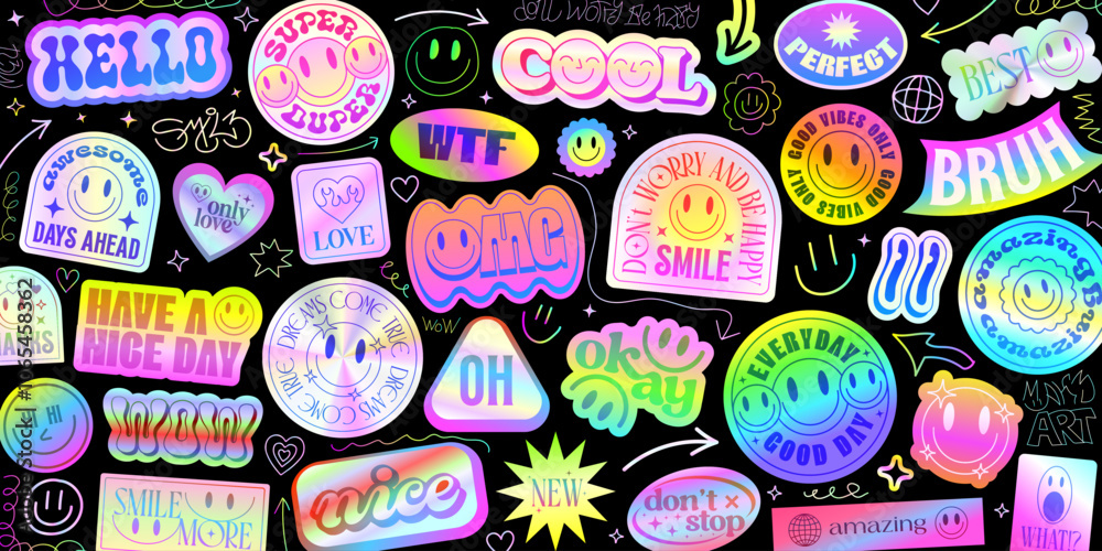 Poster cool y2k holograph stickers collage pattern. pop art futuristic pop art patches vector design.