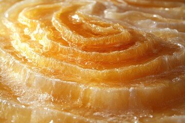 The golden stack displays intricate, flowing layers that catch the light beautifully. The composition emphasizes texture and depth, creating a visually captivating scene.