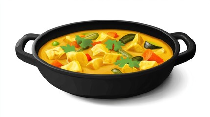 A black dish of vibrant yellow curry with vegetables, on a white background