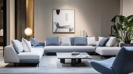 Modern living room interior with sectional sofa, coffee table, and armchair
