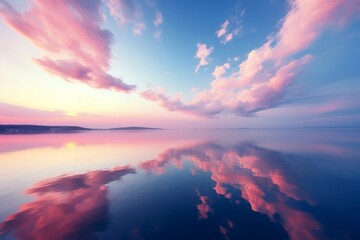 Fototapeta premium Serene morning landscape pastel pink clouds reflecting on tranquil blue waters at dawn