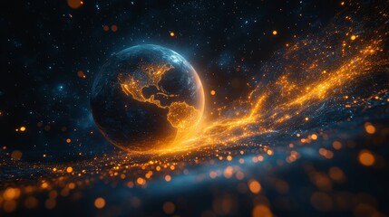 Fototapeta premium An abstract atom model with orange and blue particles set against a dark background.