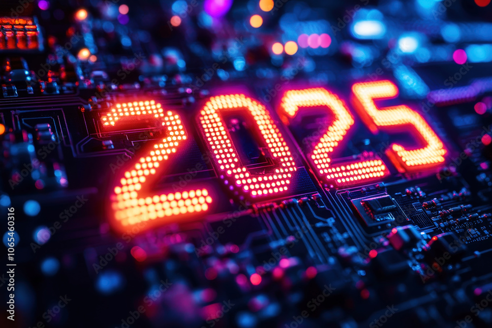 Poster a vibrant neon representation of the year 2025 shines against a circuit board backdrop, illuminating