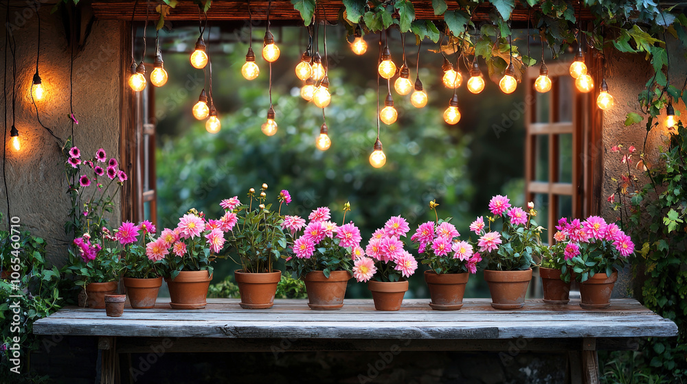 Poster vibrant flowers in terracotta pots are lit by warm string lights, creating a welcoming atmosphere in