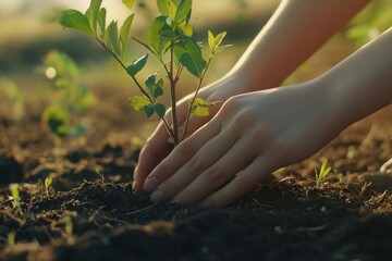 planting tree seedlings in fertile soil to preserve nature, together protecting the earth