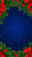 A blue background with red bows and green leaves