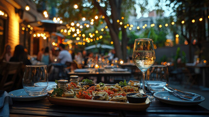 Fototapeta premium Patrons enjoy a pleasant evening outdoors at a restaurant surrounded by warm lights and a variety of appetizers on the table