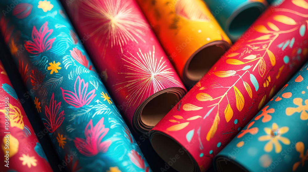 Poster colorful rolls of decorative wrapping paper in various patterns are neatly arranged, perfect for gif