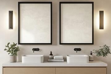Fototapeta premium The setting showcases a modern bathroom with two sleek, white sinks beneath empty black-framed mirrors.