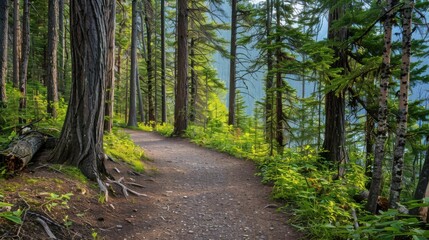A peaceful mountain trail with birds singing and tall trees lining the path