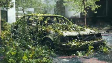 Samoch&oacute;d, kt&oacute;ry został całkowicie pokryty zielonymi roślinami, co tworzy efektowny kontrast między nowoczesną technologią a naturą.
