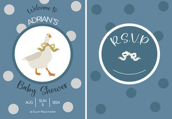 Cute flat goose wih bow on kids invitation card for birthday party. Funny character flat illustration. Vector baby invite design. © DigARTbyHavroshka