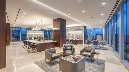 A high-end, spacious coworking office with open-concept seating, designer furnishings, and contemporary decor illuminated by soft lighting.