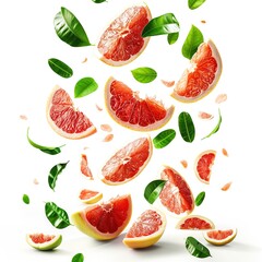 Red Pomelo with half slices falling or floating in the air with green leaves isolated on a white background