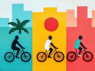 Cyclists in downtown marathon, vibrant art murals on walls, creative cityscape