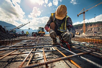 Naklejka premium Construction worker in safety gear ties rebar at industrial site