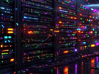 Naklejka premium Explore the Vibrant World of Server Technology in Data Centers
