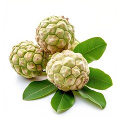 Obraz premium Ripe Custard Apple with green leaves top view isolated on white background, ripe tropical natural fruit concept