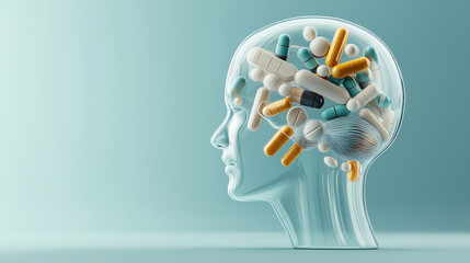 Obraz premium Transparent human head silhouette filled with various colorful pills and capsules against a gradient background, symbolizing medication and mental health concepts.