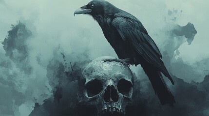 A Black Raven Perched Atop a Human Skull Against a Foggy, Watercolor-Like Background
