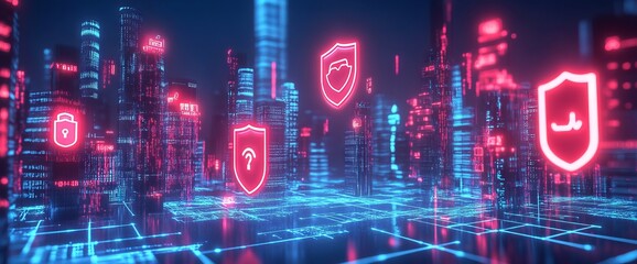 Holographic Icons Representing Digital Security Above Abstract Cityscape. AI generated illustration