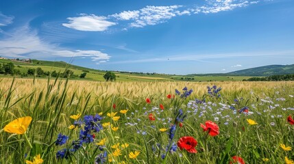 A vibrant spring meadow with birds singing and butterflies fluttering around