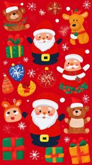 Naklejka premium A red background with a bunch of Christmas decorations including Santa Claus