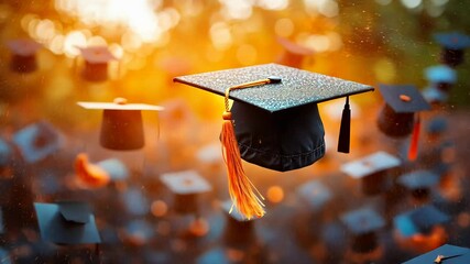 A joyful ceremony where graduates toss their caps into the air, celebrating their achievements against a stunning sunset backdrop