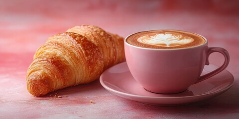 Cup of coffee and croissant close-up on table in coffee shop. Hot drink, cappuccino, latte