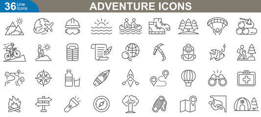 Adventure line icons set. Mountain, hiking, trail, camping, tent, backpack, binoculars, map, campfire, kayaking and more. vector illustration.