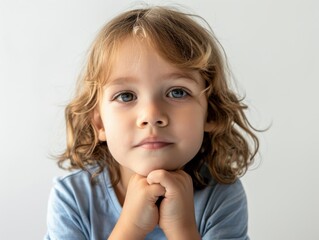 Close-up of a thoughtful child resting chin on hands, in front of a white background, showing contemplation