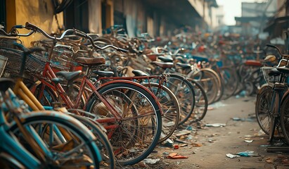 AI generated image of many old bicycles Discarded as piles of garbage, car wrecks, scrap metal.