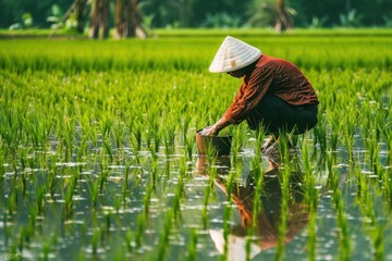 Thai farmer planting rice in lush green paddy field during harvest