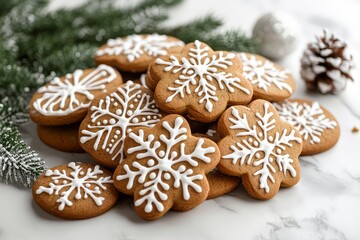 Pile of gingerbread cookies with white icing and decorative patterns, surrounded by pine branches and snowflakes on marble surface. Elegant Christmas scene.