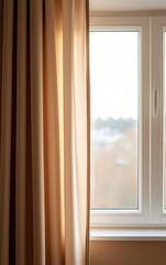 Fototapeta premium Soft curtains draping beside a bright window, creating a warm and inviting atmosphere.