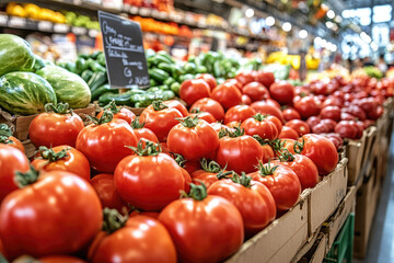 A large display of red tomatoes in a grocery store