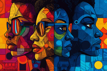Obraz premium Vibrant pop-art illustration of African American faces in abstract geometric style, celebrating cultural identity, pride, and creativity for Black History Month, reflecting African American art