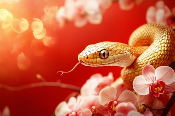 Obraz premium Snake on chinese decor background, Happy lunar New Year 2025 Year of the snake Chinese new year symbol
