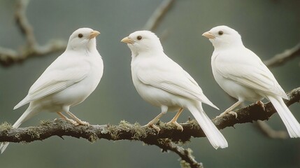 Obraz premium Three white birds perched on a branch, looking at each other.