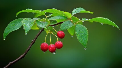 Obraz premium Red cherries on a branch with water droplets