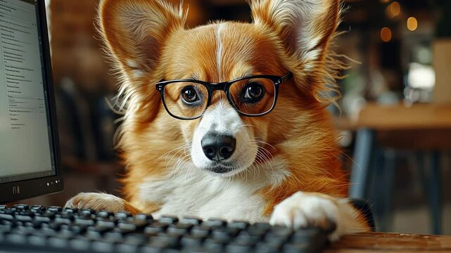 A clever-looking corgi with glasses sits at a keyboard in a caf&eacute;, engaged in some amusing computer activity, showcasing its playful personality