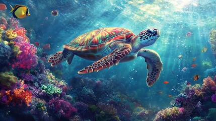 Obraz premium Colorful sea turtle gliding through a vibrant underwater scene filled with fish and coral reefs. AI generated illustration