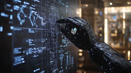 A robotic hand interacting with a digital interface.