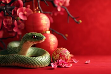 Obraz premium Snake on chinese decor background, Happy lunar New Year 2025 Year of the snake Chinese new year symbol