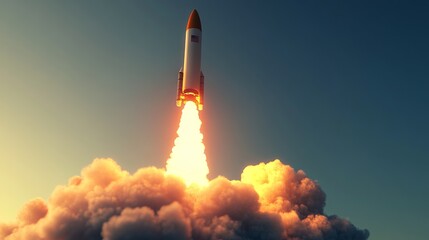 3D illustration of a rocket launching into the sky, symbolizing space exploration and military technology. AI generated illustration