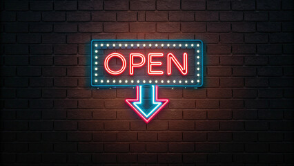 Obraz premium arrow neon light sign open, background, AI generated