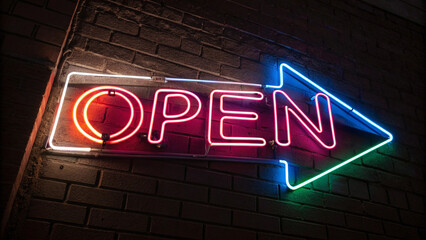 Obraz premium arrow neon light sign open, AI generated