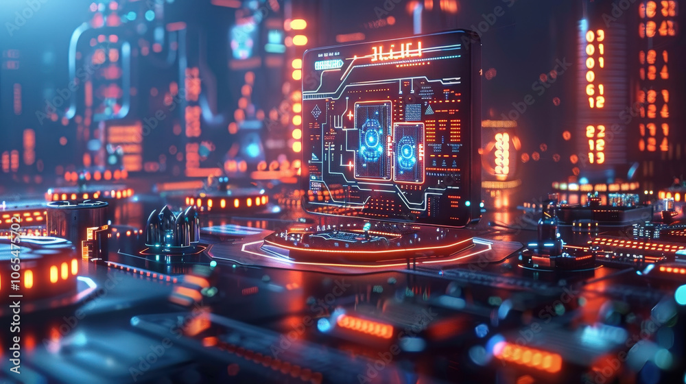 Poster futuristic digital landscape featuring glowing computer with cascading data streams, showcasing adva